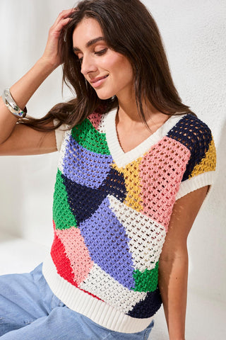 Crochet Knit V-Neck Cap-Sleeve Top With Novelty Print-Baja blue