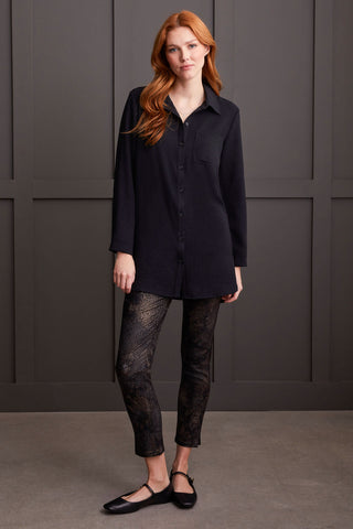 PEBBLED CREPE ROLL-SLEEVE TUNIC SHIRT-Black