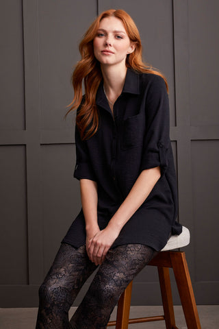 PEBBLED CREPE ROLL-SLEEVE TUNIC SHIRT-Black