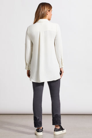 PEBBLED CREPE ROLL-SLEEVE TUNIC SHIRT-Cream