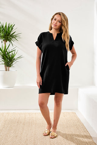 Stretch Textured Short Sleeve Shift Dress-Black