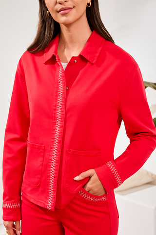 Hidden Snap Front Stretch Denim Jacket-Sangria