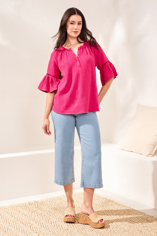 Raglan Sleeve Blouse In Crinkled Gauze-Gardenia