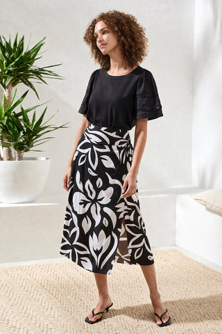 Printed Wrap‑Front Pull‑On Midi Skirt-Black