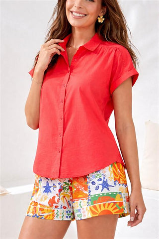 Campshirt With Shirring Detail In Soft Cambric Fabric-Coralred