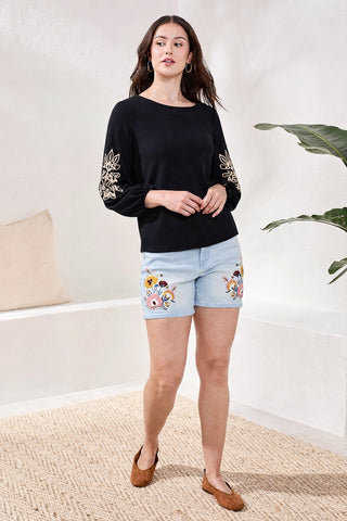 Soutache Embroidered Boat Neck 3/4 Puff Sleeve Top- Black