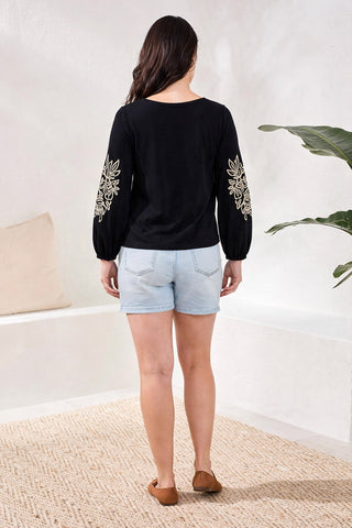 Soutache Embroidered Boat Neck 3/4 Puff Sleeve Top- Black