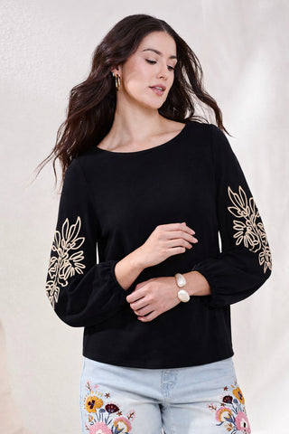 Soutache Embroidered Boat Neck 3/4 Puff Sleeve Top- Black