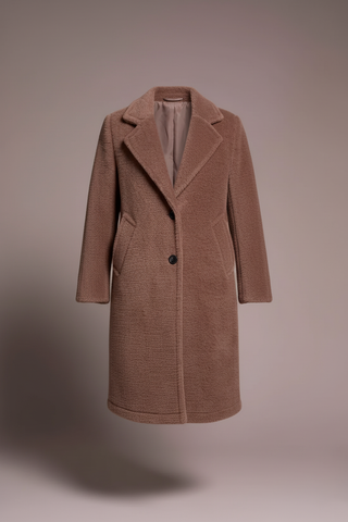 High-resolution ghost mannequin shot of taupe textured coat