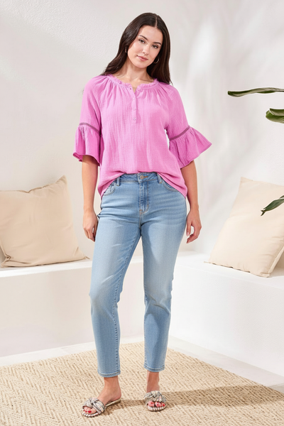 Crinkle Gauze Split-Neck Button-Front Bell Sleeve Blouse Crinkle Gauze Split-Neck Button-Front Bell Sleeve Blouse
