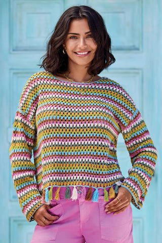 Multicolor Crochet Bell Sleeve Sweater With Tassels-Aqua sky