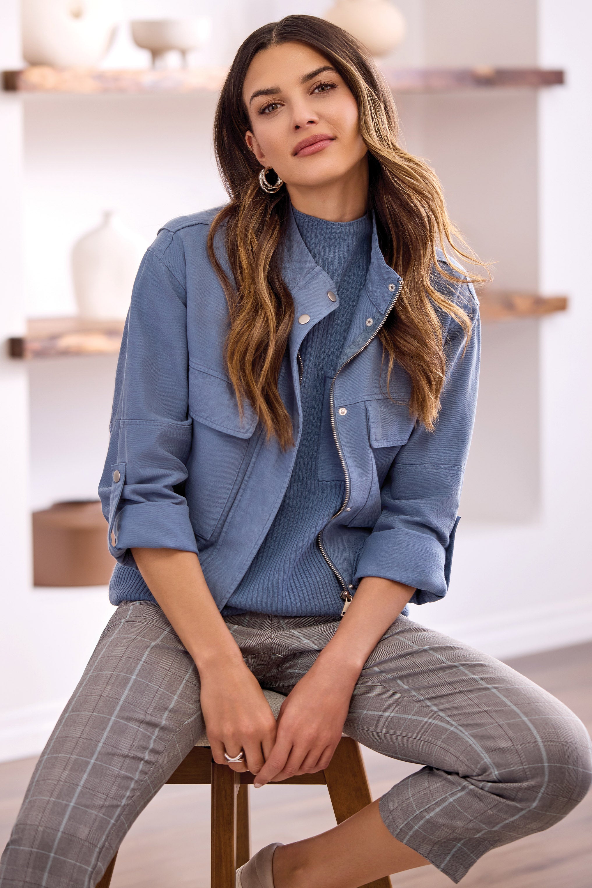 Veste à col montant zippée en sergé flammé - Bleu ardoise