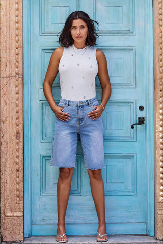 Racer Back Embellished Tank Top-Ltgreymix