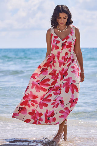 Watercolor Strappy V-Neck Fitted Body Midi Dress-Canvas