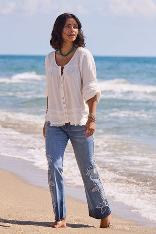 Crinkle Gauze Button-Front Balloon Sleeve Frayed Hem Blouse-Oceanpearl