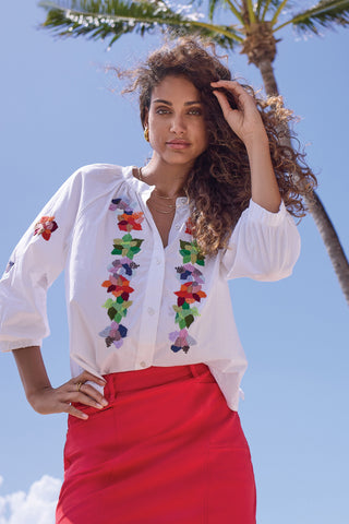 Blouse Popeline Brodée Manches 3/4-Blanc