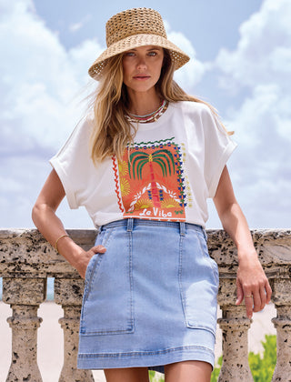 Cotton Embroidered Cap-Sleeve Crewneck Tee-White