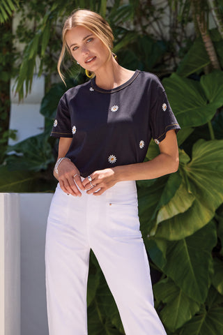 Embroidered Daisy Short Sleeve Crew Neck Top-Black