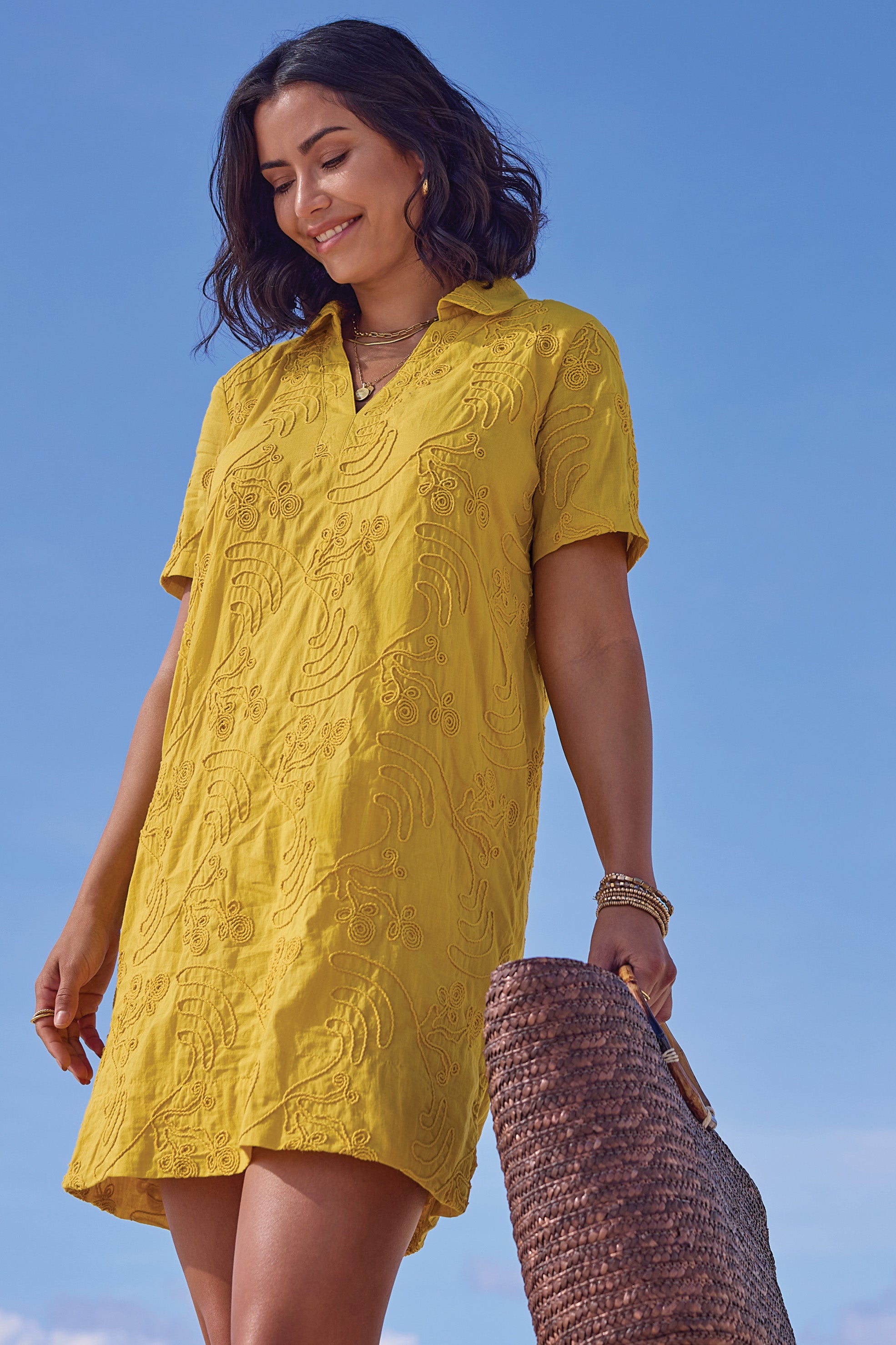 Textured Cotton Short Sleeve V-Neck Tunic Dress-Lemon XXL Textured Cotton Short Sleeve V-Neck Tunic Dress-Lemon XXL