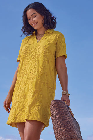 Elbow Sleeve V-Neck Tunic Dress-Lemon