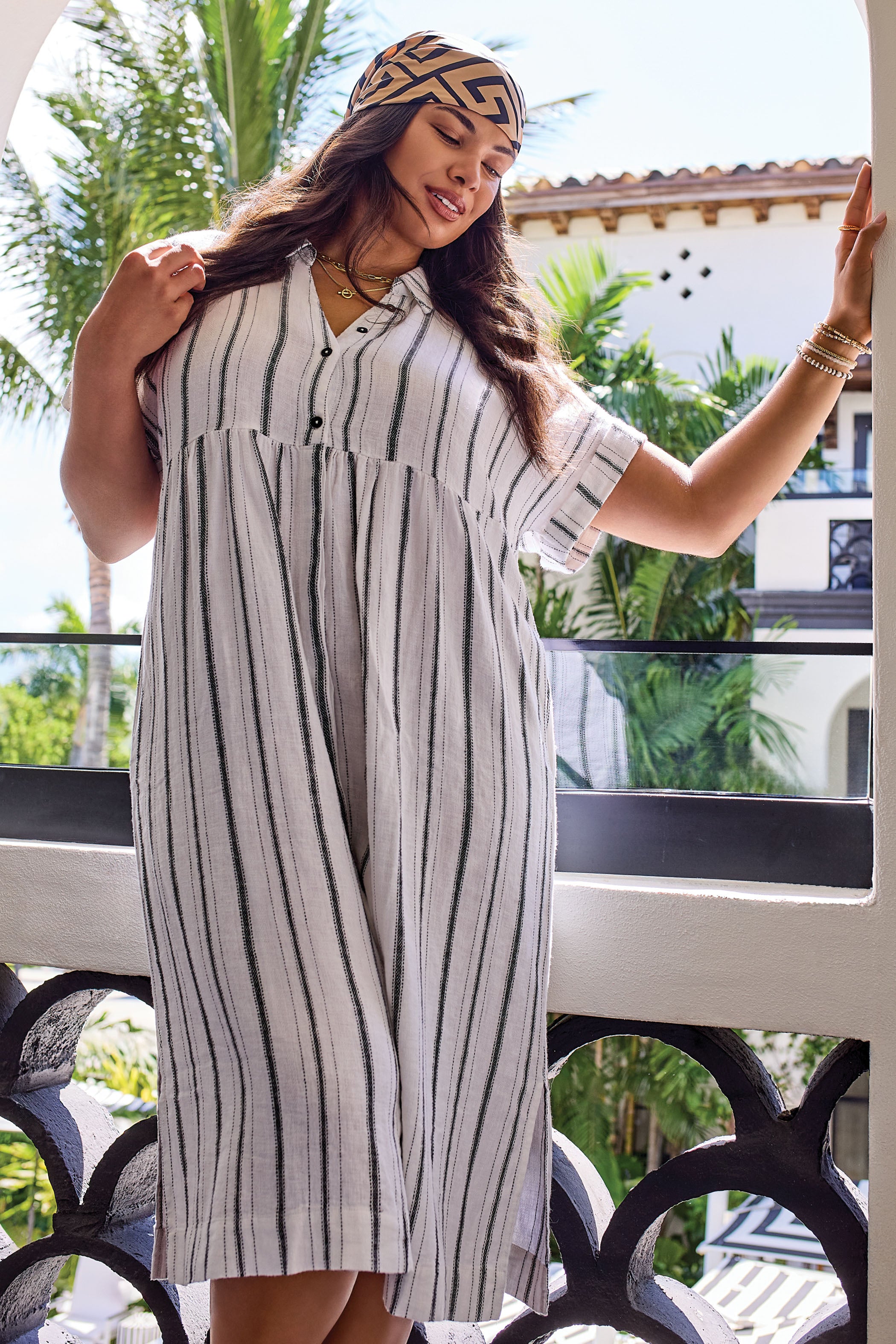 Plus Yarn Dye Stripe Flowy Shirt Dress-White/black Tribal Fashion Plus Yarn Dye Stripe Flowy Shirt Dress-White/black Tribal Fashion