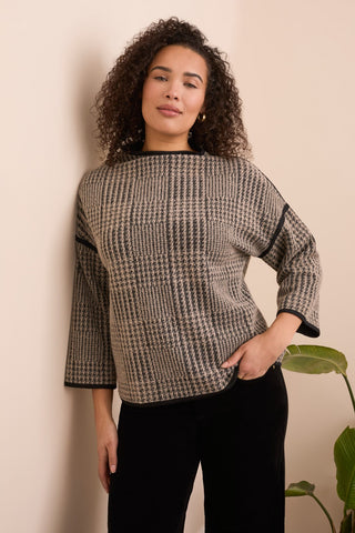 3/4 Sleeve Mock Neck Jacquard Plaid Top-Sandstone