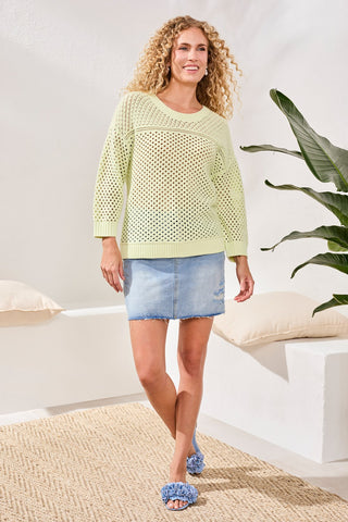 Crew Neck Open-Stitch 3/4 Sleeve Sweater-Limecream