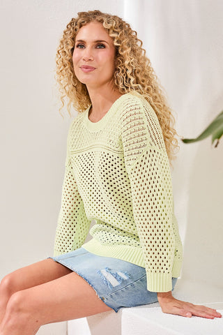 Crew Neck Open-Stitch 3/4 Sleeve Sweater-Limecream