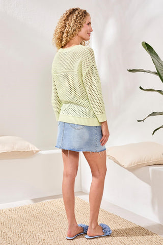 Crew Neck Open-Stitch 3/4 Sleeve Sweater-Limecream