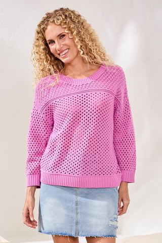 Crew Neck Open-Stitch 3/4 Sleeve Sweater-Wisteria