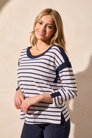 3/4 SLEEVE WAFFLE KNIT BOAT NECK TOP-Jet blue