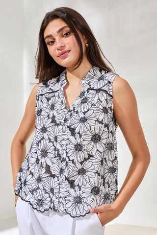 Embroidered Floral Button‑Up Top-White/black