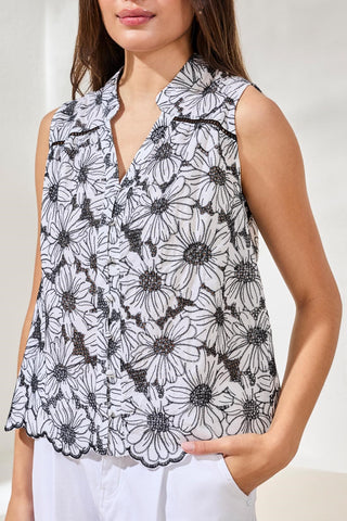 Embroidered Floral Button‑Up Top-White/black