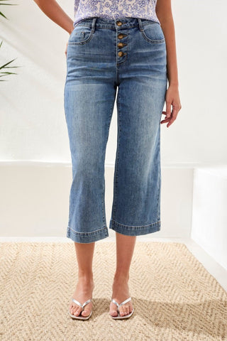 Audrey Button Fly Wide Crop Denim Jeans-Pebbleblue