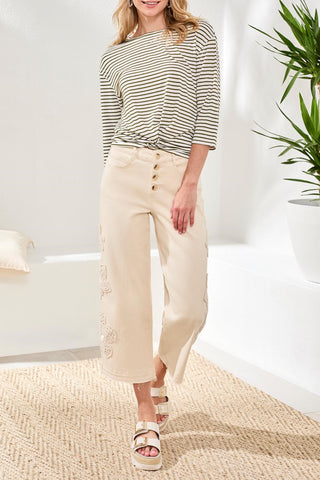 Audrey Button-Fly Wide Crop Jeans With Floral Detail-Ecru