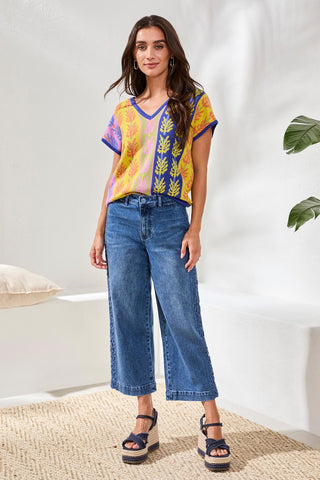 Audrey Wide Leg Embroidered Denim Jeans-Navy sea