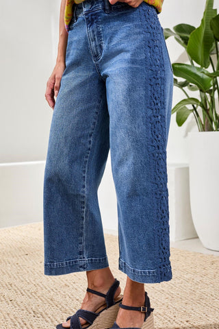 Audrey Wide Leg Embroidered Denim Jeans-Navy sea