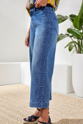 Audrey Wide Leg Embroidered Denim Jeans-Navy sea
