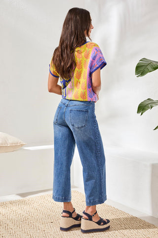 Audrey Wide Leg Embroidered Denim Jeans-Navy sea
