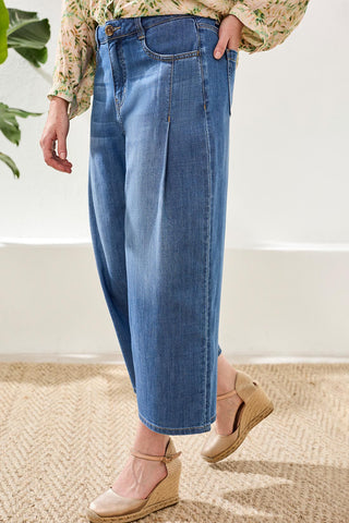 Audrey Pleated Crop Wide Denim Jeans-Fjordblue