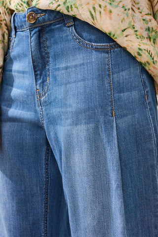 Audrey Pleated Crop Wide Denim Jeans-Fjordblue