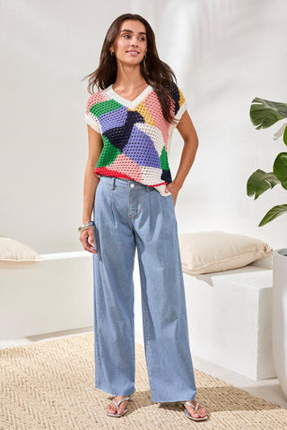 Audrey Wide Leg Embroidered Denim Jeans-Navy sea