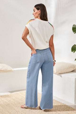 Audrey Lightweight Pleated Wide Leg Flowy Pants-Baja blue