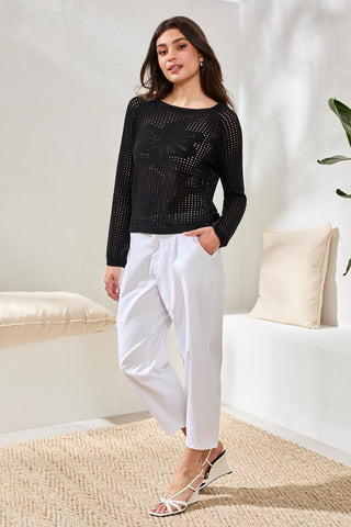 Crochet Boat Neck Bell Sleeve Sweater-Black