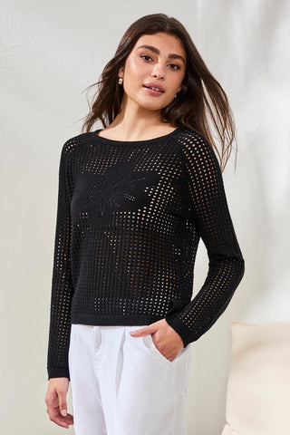 Crochet Boat Neck Bell Sleeve Sweater-Black