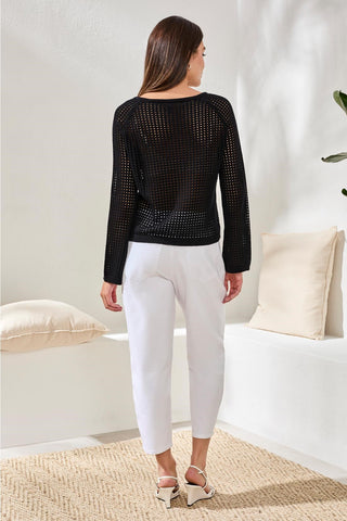 Crochet Boat Neck Bell Sleeve Sweater-Black