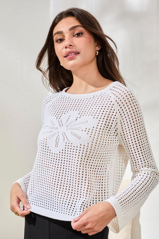 Crochet Boat Neck Bell Sleeve Sweater-White
