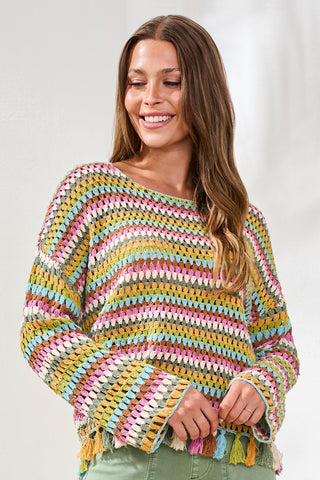 Multicolor Crochet Bell Sleeve Sweater With Tassels-Aqua sky