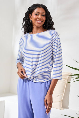 Boat Neck 3/4 Sleeve Top W/ Knot Detail-Baja blue