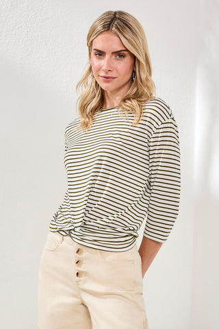 Boat Neck 3/4 Sleeve Top W/ Knot Detail-Rainforest